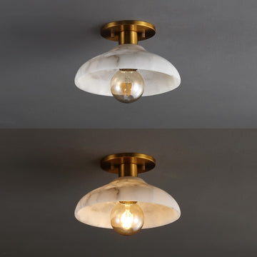 Amara 10" 1-Light Mid-Century Classic Alabaster/Iron LED Semi Flush Mount - JONATHAN Y
